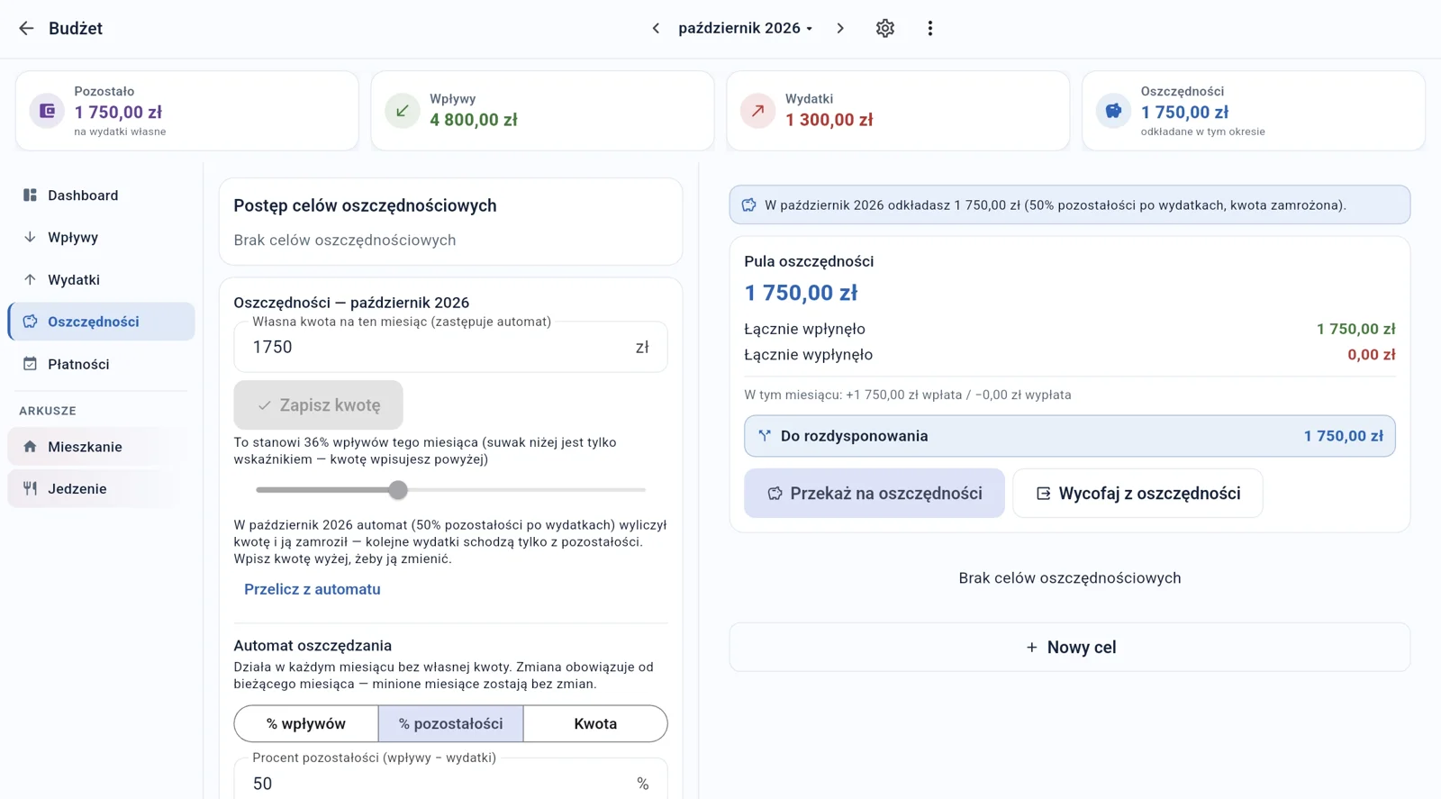 Prosty Budżet na komputerze – ekran Oszczędności