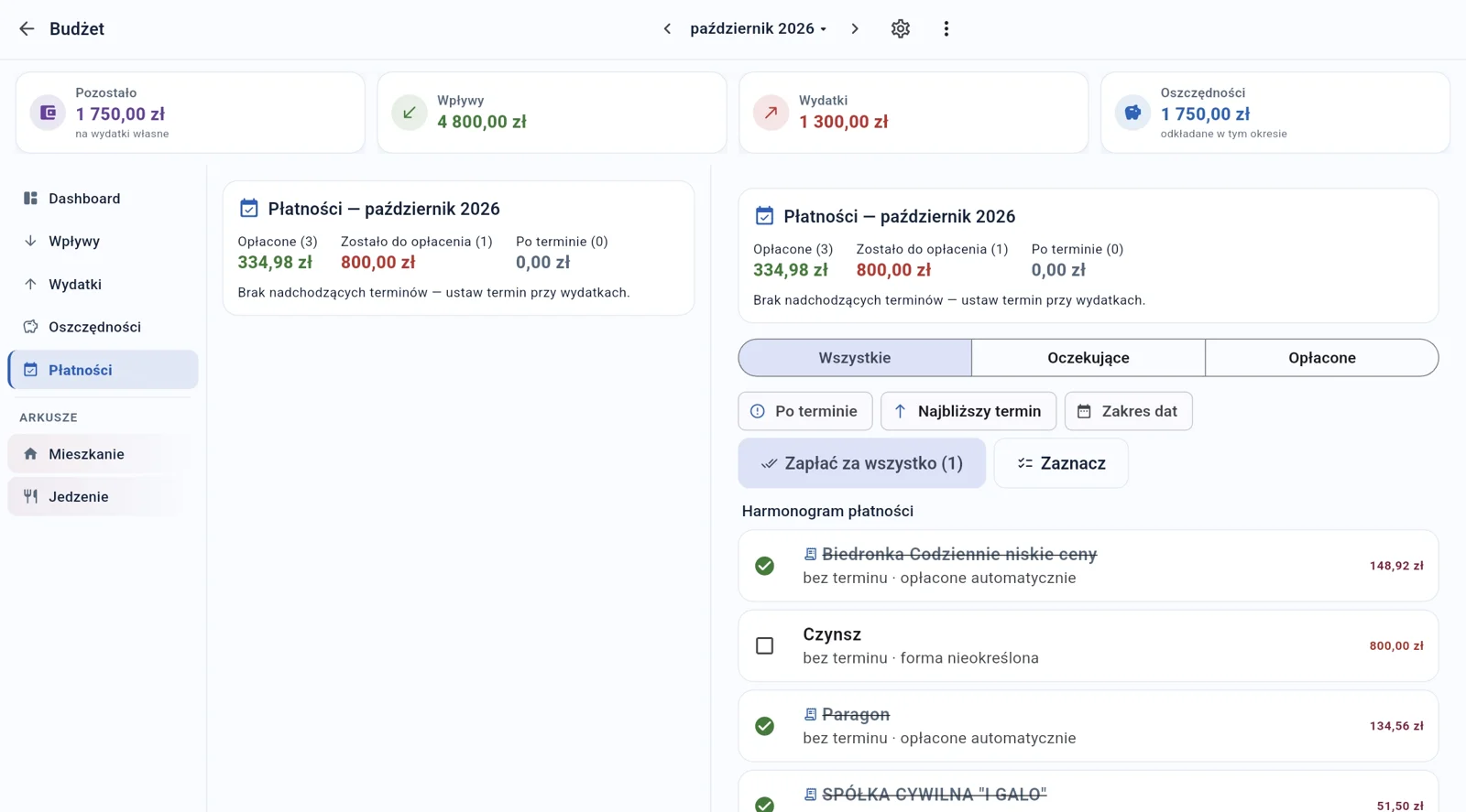 Prosty Budżet na komputerze – ekran Płatności