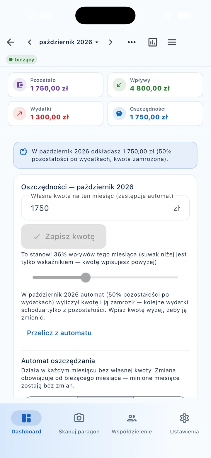 Prosty Budżet na telefonie – ekran Oszczędności