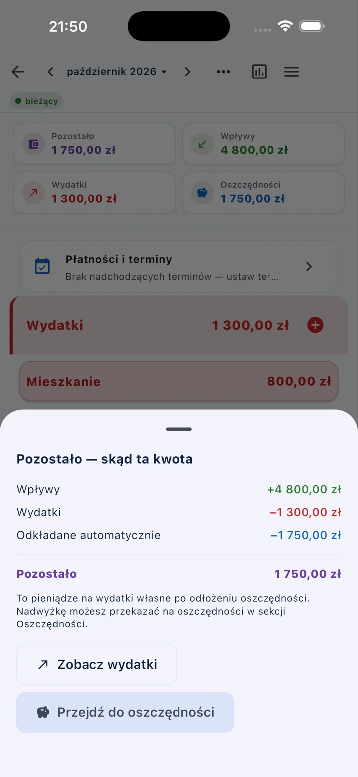 Prosty Budżet na telefonie – ekran „Pozostało – skąd ta kwota”